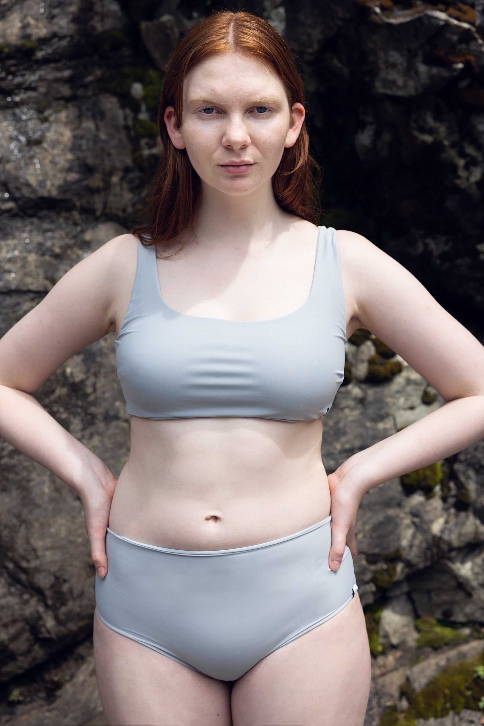 Sustainable bikini made from recycled nylon, color light grey, outdoor, made locally in Switzerland