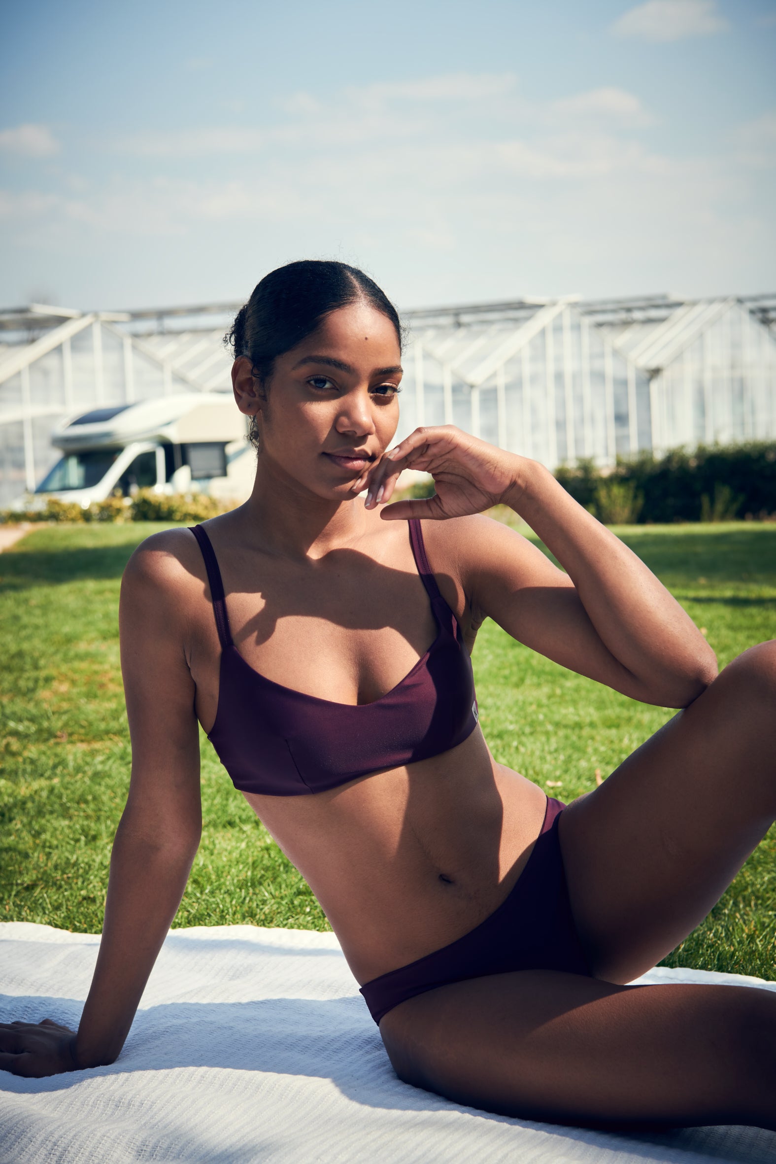 Sustainable bikini made from recycled nylon, eggplant color, outdoor, made locally in Switzerland